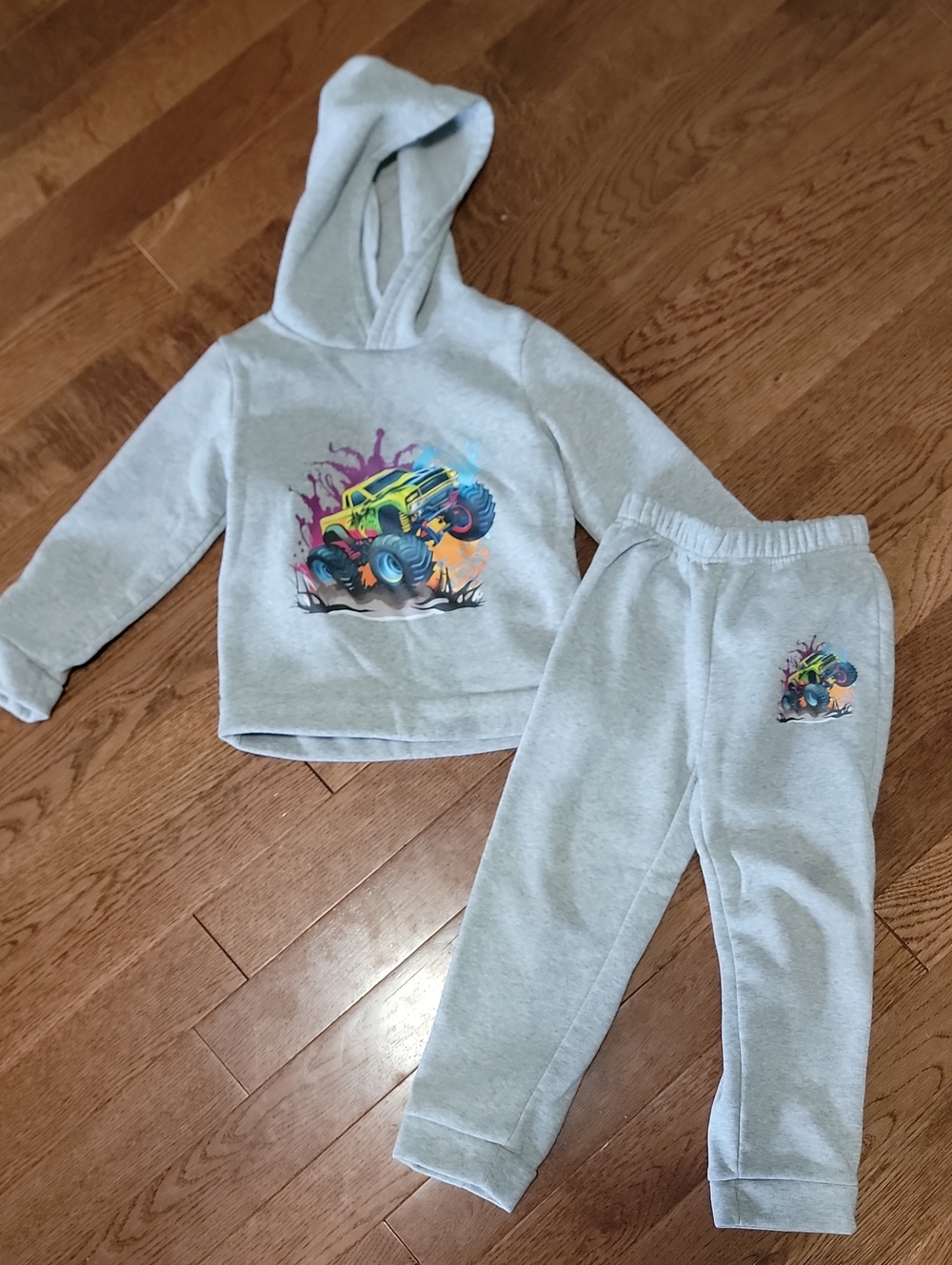 Kids Grey Hoodie & Joggers Set with Colorful Monster Truck Graphic